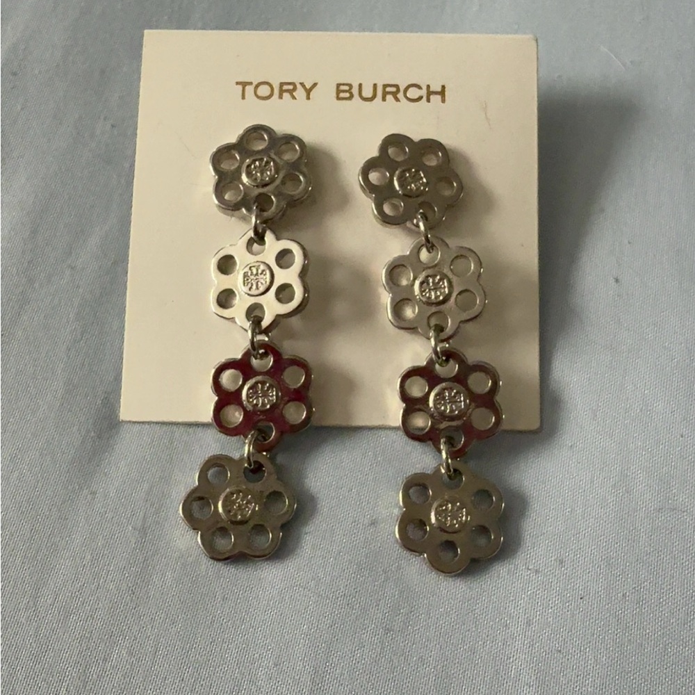 Tory Burch Silver Flower Drop Earrings